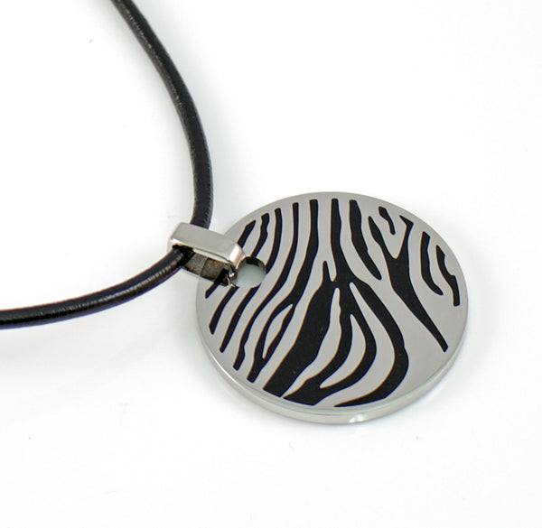Circular Stainless Steel Pendant With Black Zebra Pattern