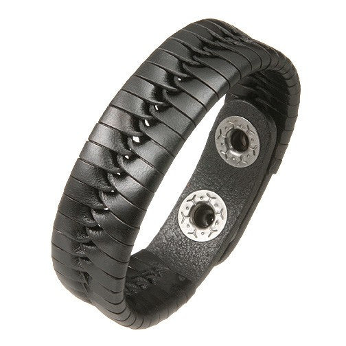 Black Leather Woven Bracelet with Brass Lock