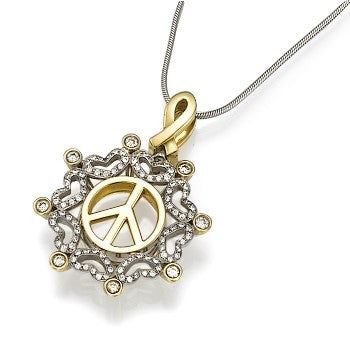 Yellow and White Gold Peace Pendant with Hearts